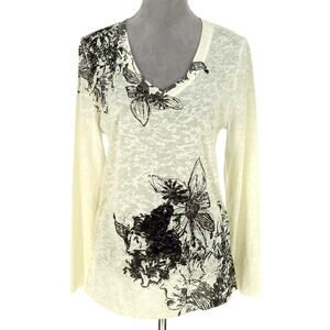 Coldwater Creek Top Womens Large Ivory Black Floral Sequin T-shirt Slub Knit